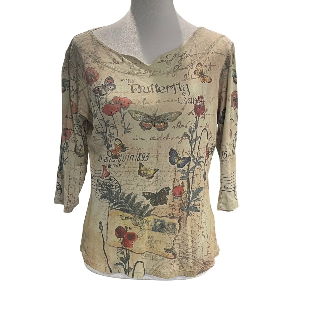 Y2K Cactus Butterfly Garden Top Womens Medium Tan 3/4 Sleeve Rhinestone‎ Tee